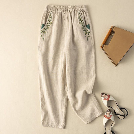 Pantaloni Casual Vintage in Cotone e Lino