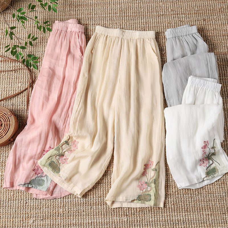Pantaloni Casual in Cotone con Ricami Floreali