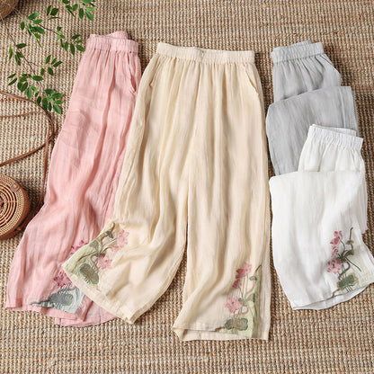 Pantaloni Casual in Cotone con Ricami Floreali