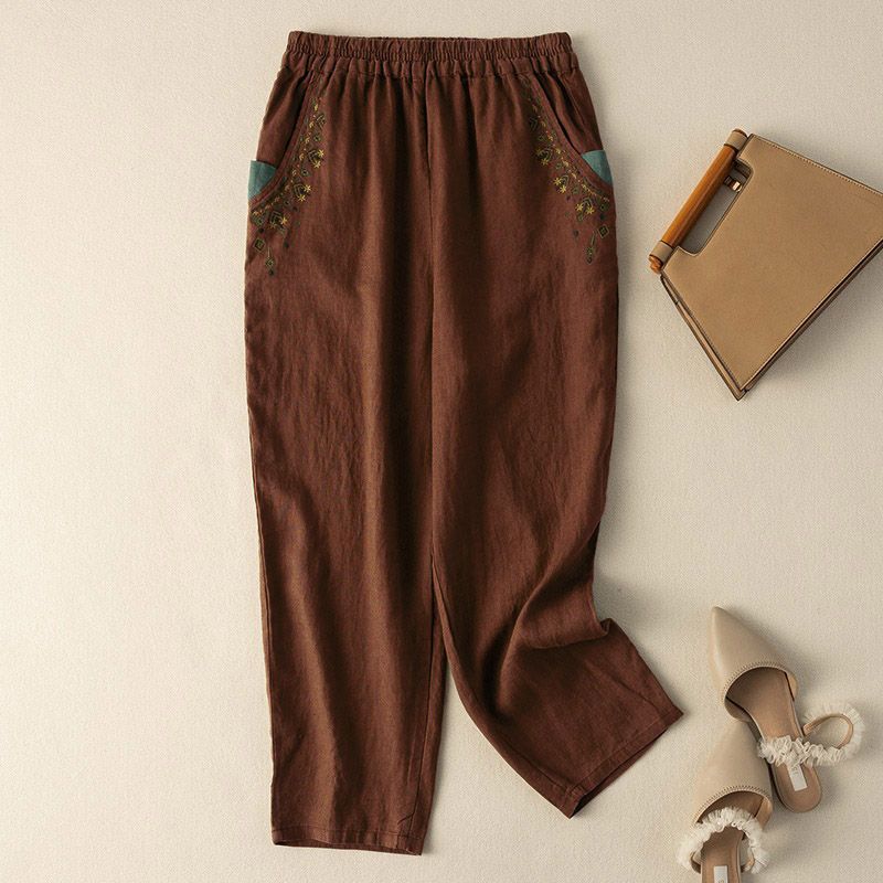Pantaloni Casual Vintage in Cotone e Lino