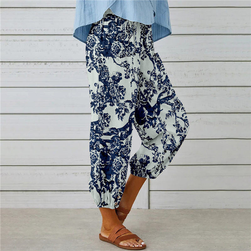 Pantaloni Vintage in Cotone e Lino con Stampa