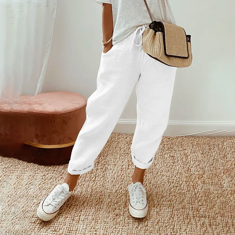Pantaloni Comodi in Cotone e Lino per il Tempo Libero