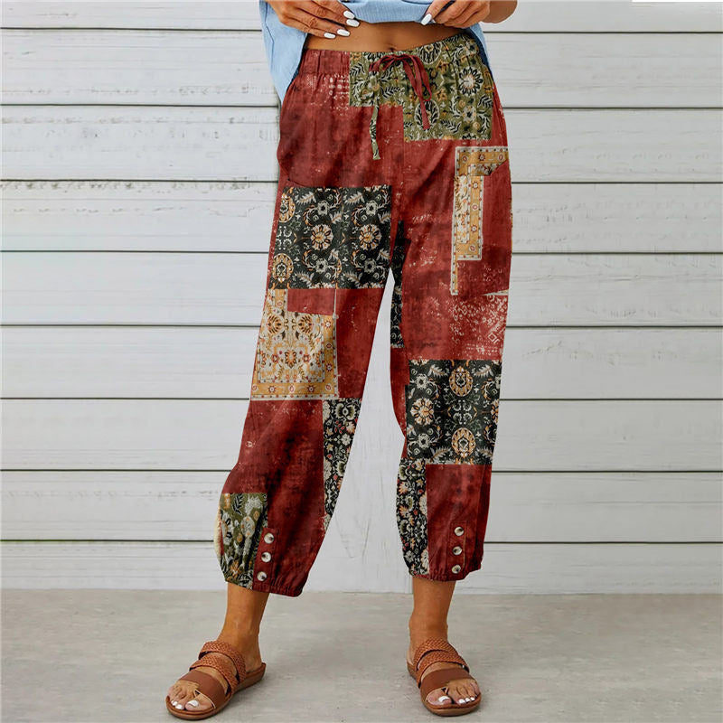 Pantaloni Vintage in Cotone e Lino con Stampa