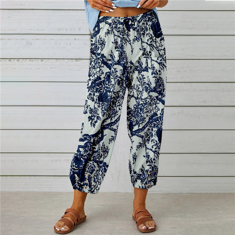 Pantaloni Vintage in Cotone e Lino con Stampa