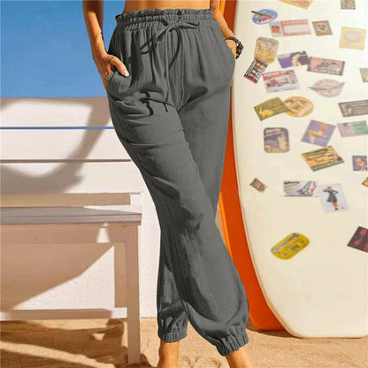 Pantaloni Casual Monocromatici in Cotone e Lino