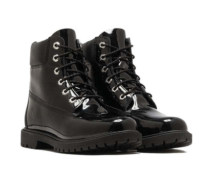 Stivali alti 15 cm in pelle nera lucida impermeabili con lacci