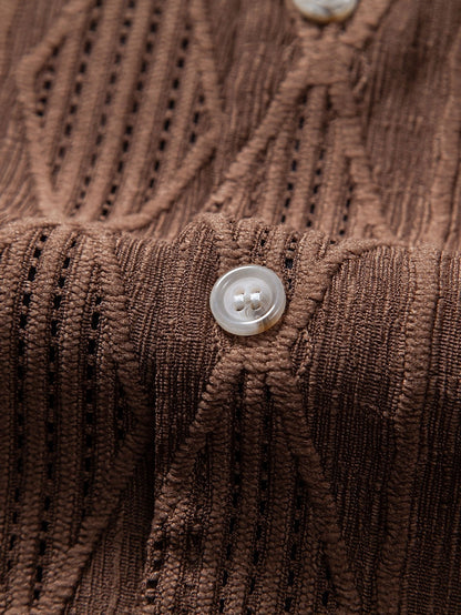 Camicia in Tessuto Jacquard con Motivo Geometrico e Pantaloni in Lino a Gamba Dritta